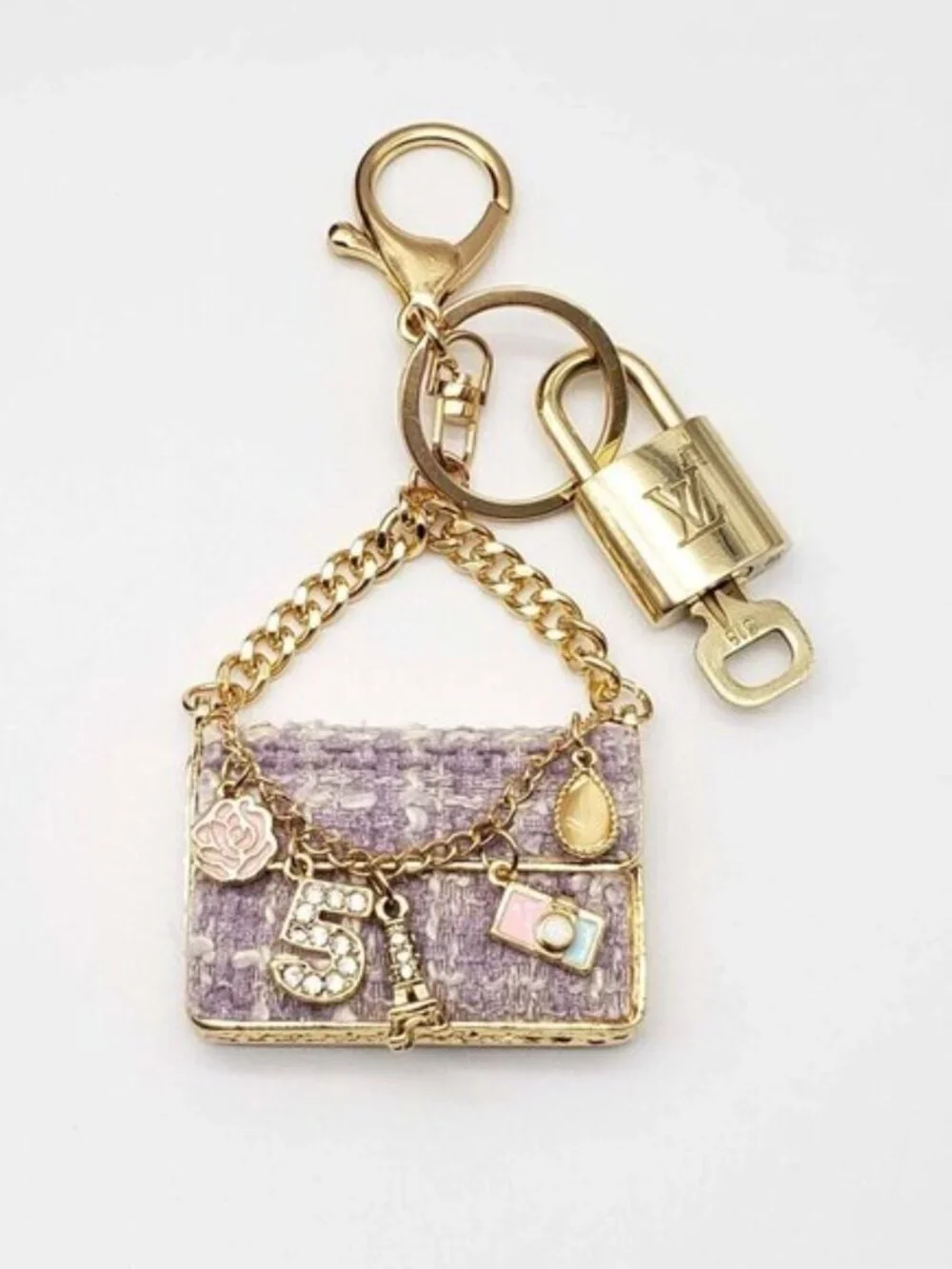 LV Gold Padlock 🔑 Authentic Louis Vuitton Charm + Unbranded Tweed Bag Keychain